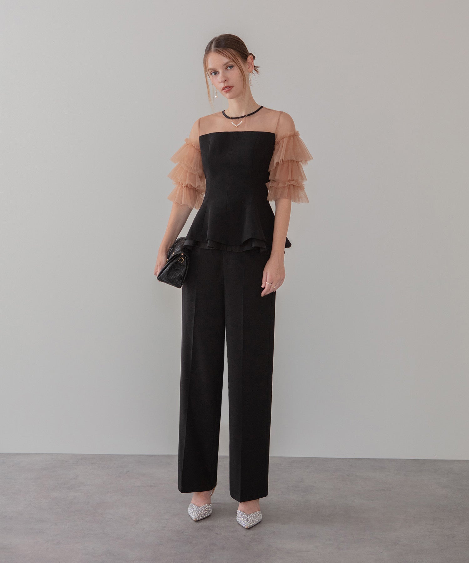 【当日発送】チュールスリーブペプラムセットアップパンツドレス