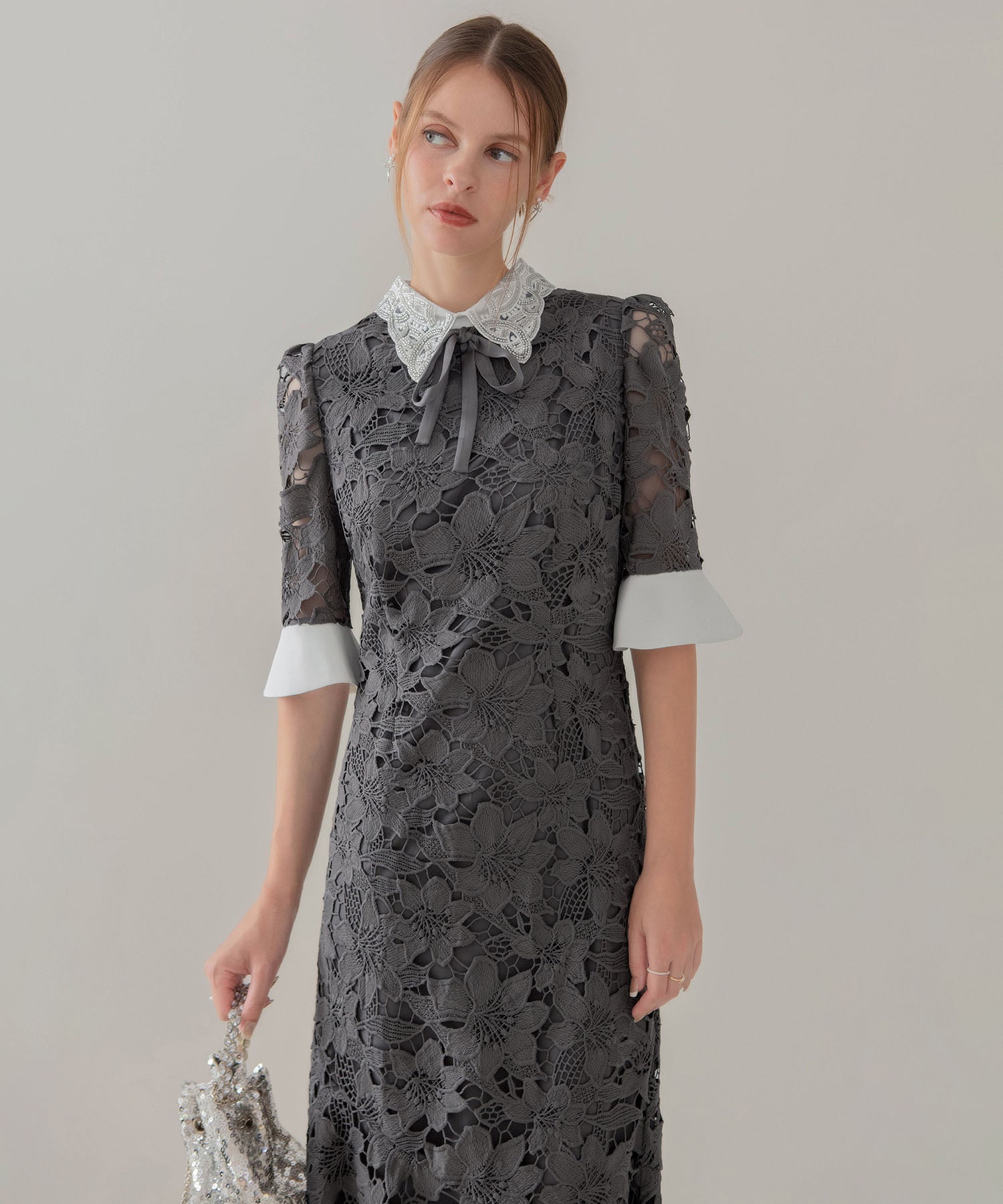 【当日発送】パールカラーボウタイフラワーレースフィッシュテールワンピースドレス