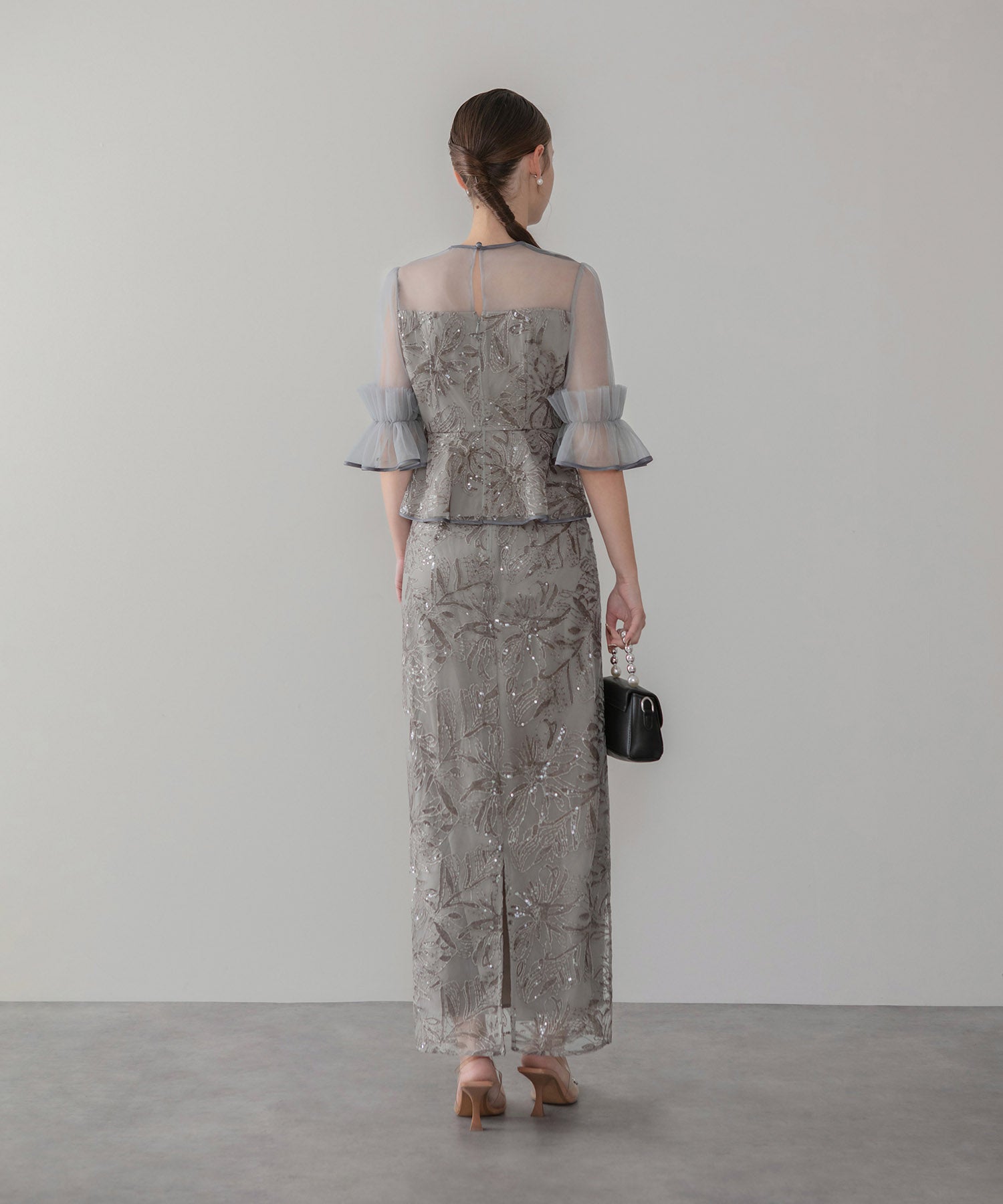 【当日発送】アシンメトリーシアーフラワースパンコールフリルチュール セットアップドレス