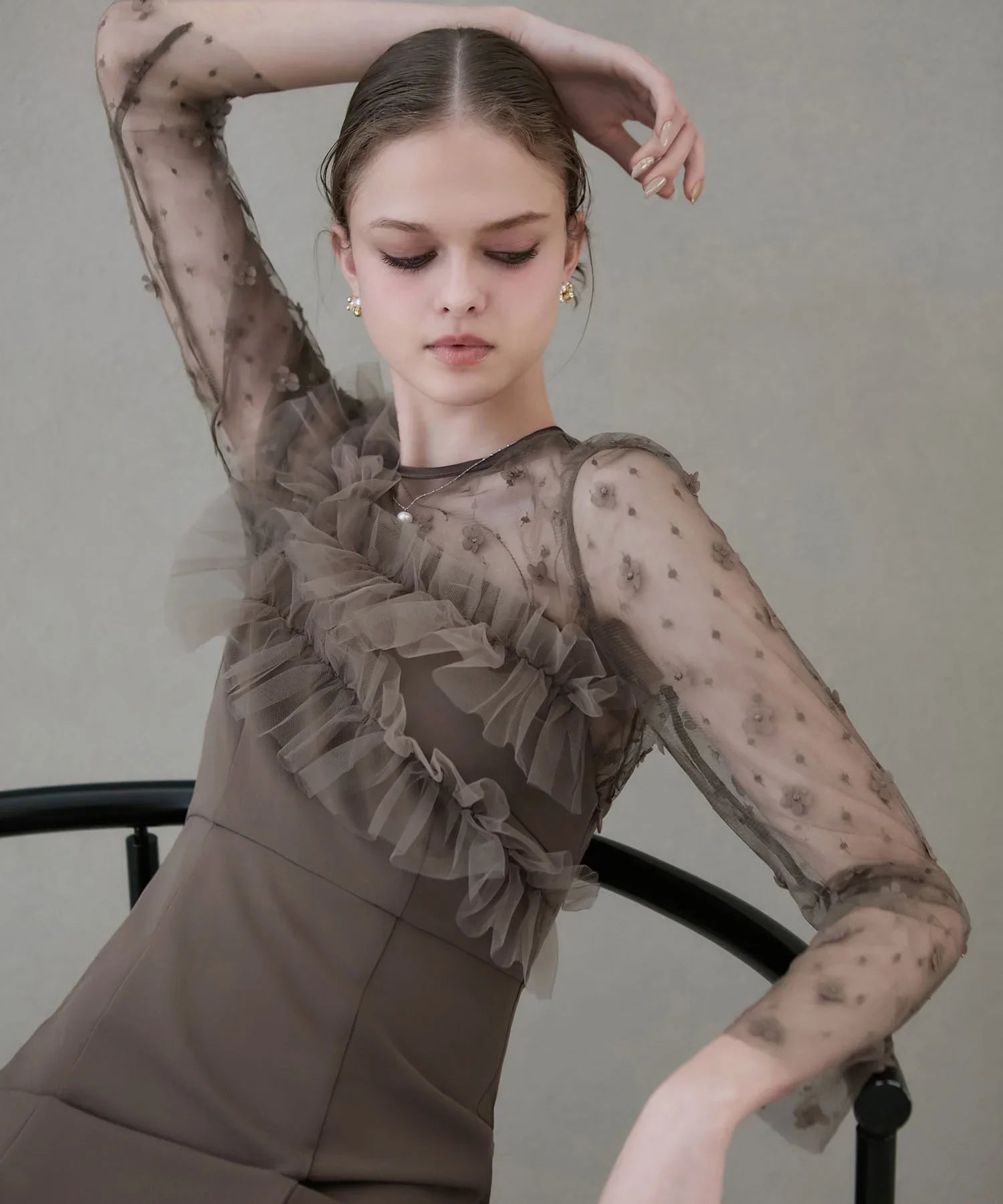 【当日発送】フラワーモチーフアシンメトリーチュールマーメイドワンピースドレス