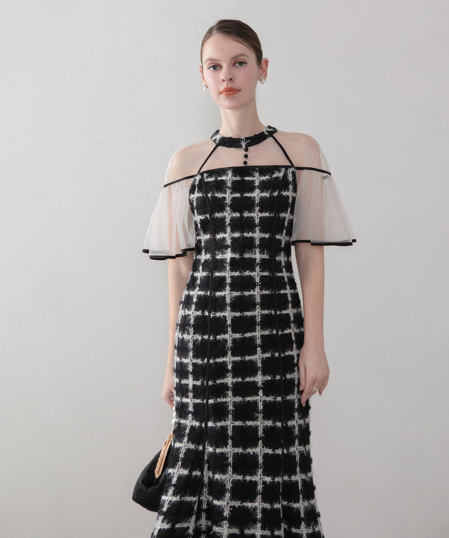 【当日発送】ラメシャギーツイードチェックフリルマーメイドワンピースドレス