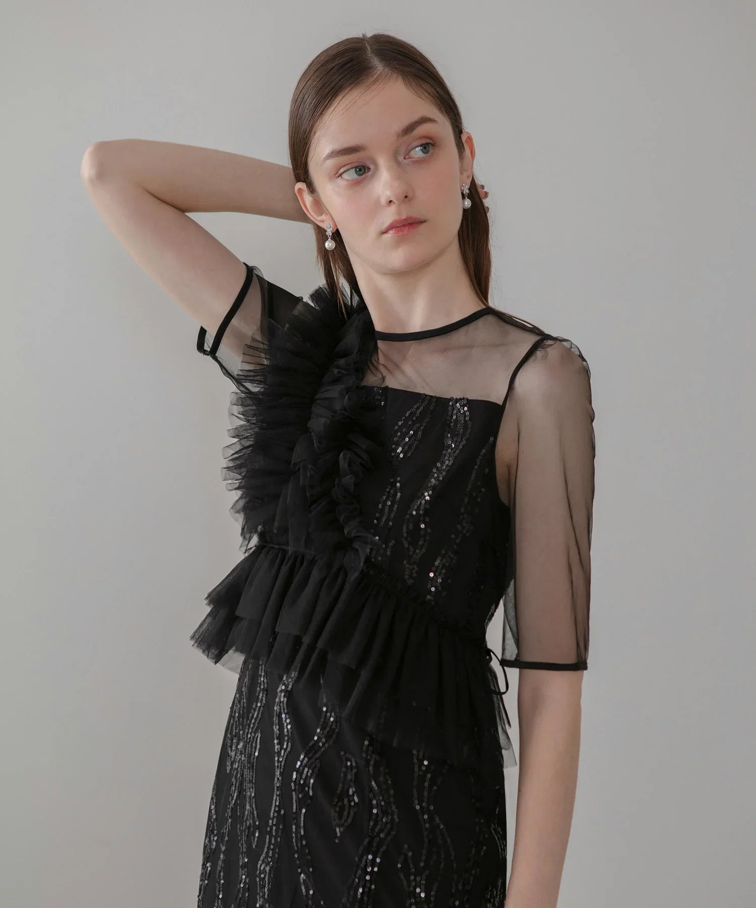 当日発送】アシンメトリーフリルチュールIラインワンピースドレス