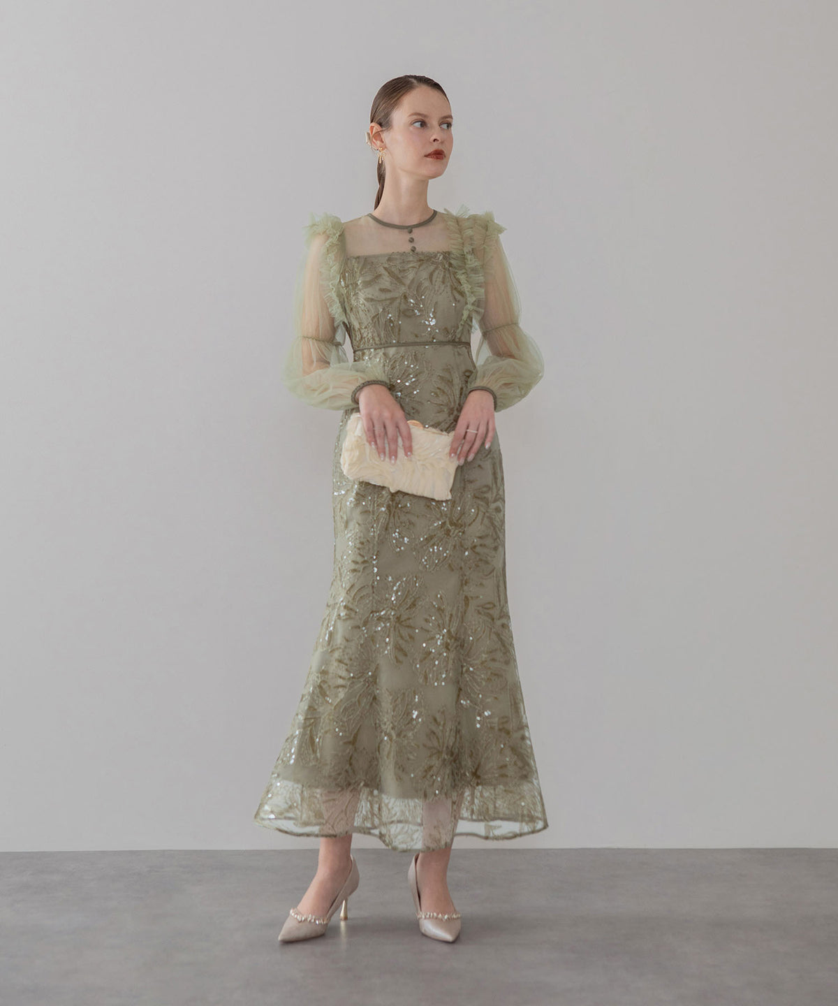【COMING SOON】ショルダーフリルチュールスリーブスパンコールボタニカルレースマーメイドドレスワンピースオケージョンドレス
