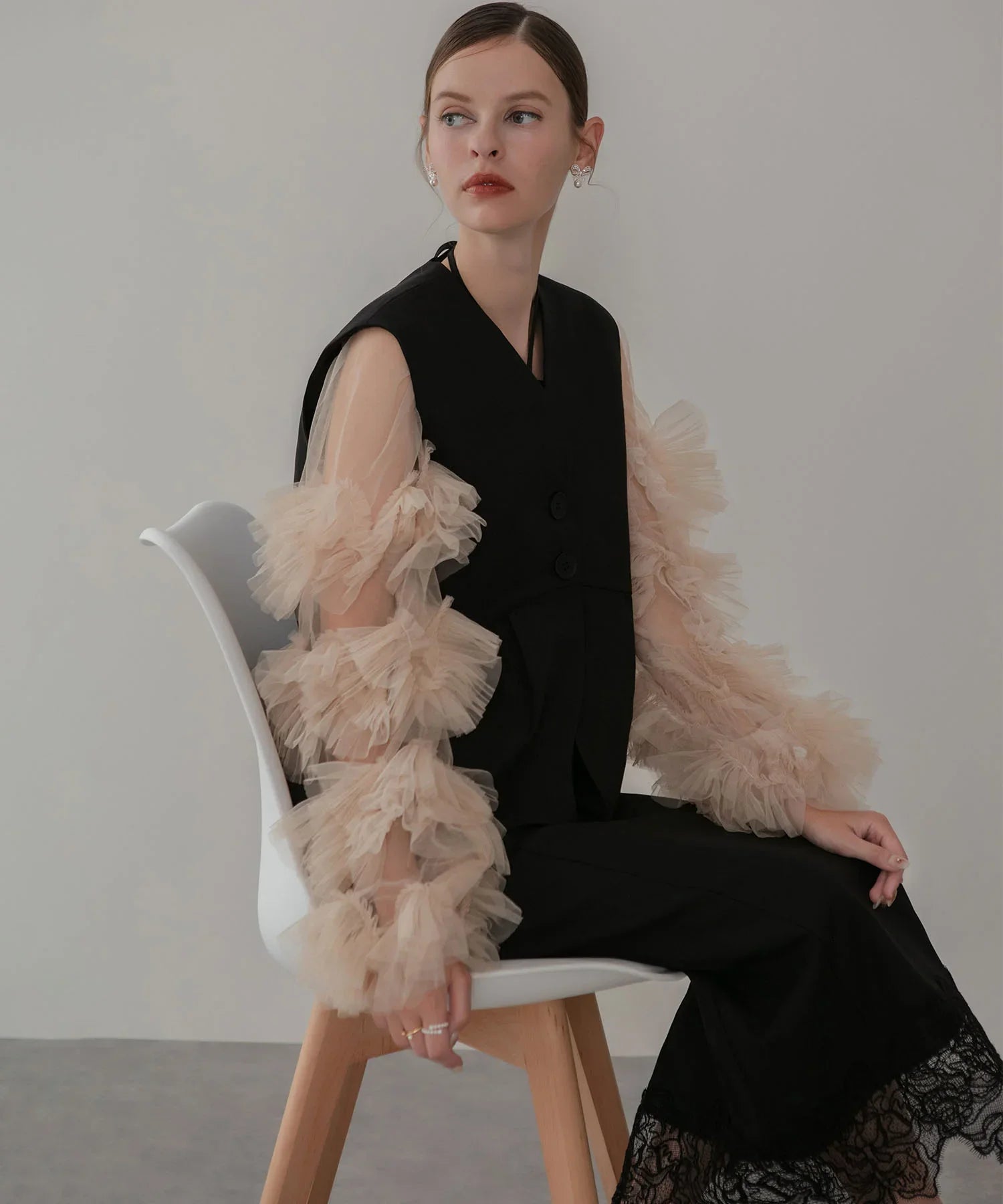 【当日発送】チュールフリルスリーブベストセットワンピースドレス