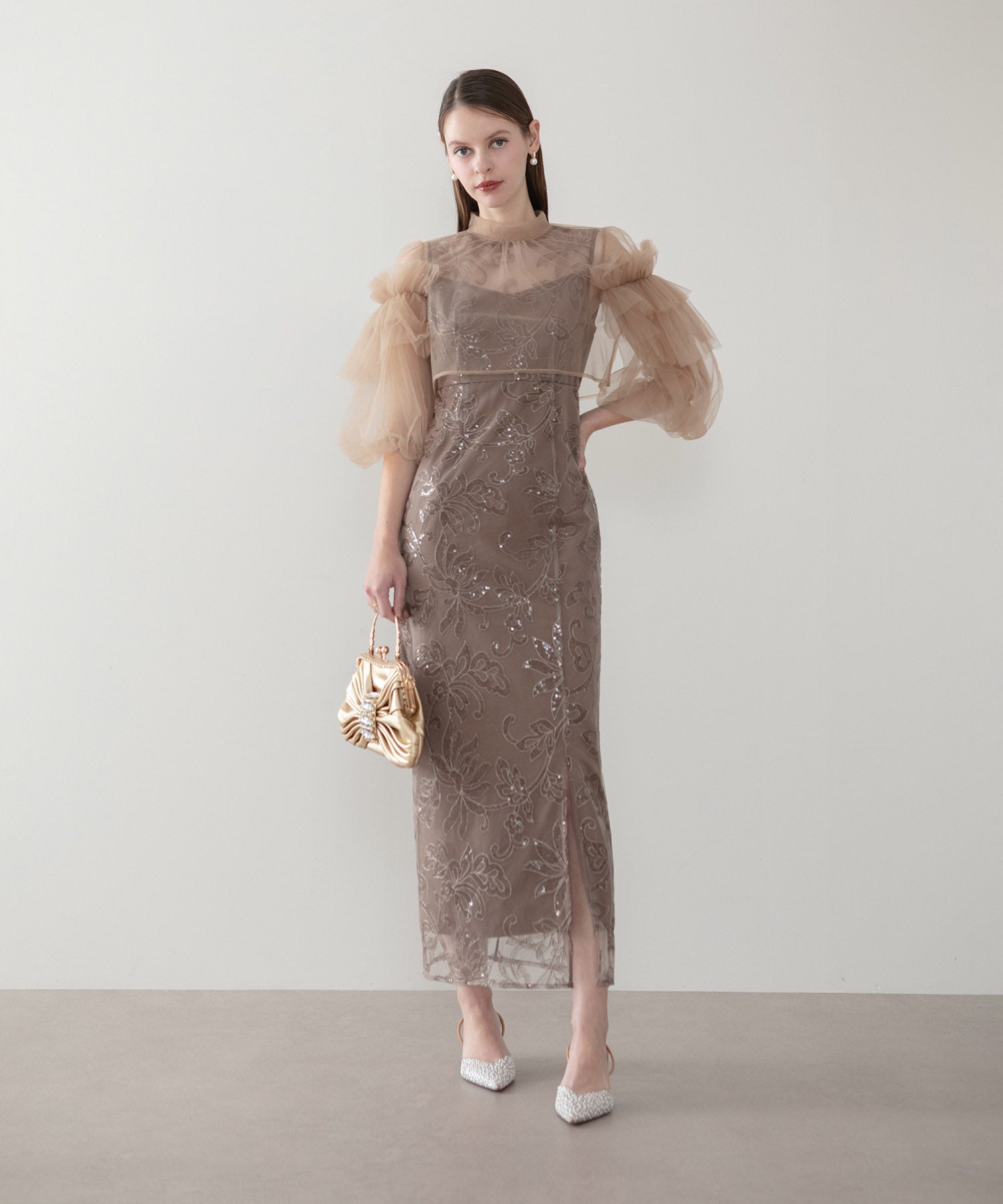 【当日発送】フリルチュールスパンコールフローラルIラインワンピースドレス