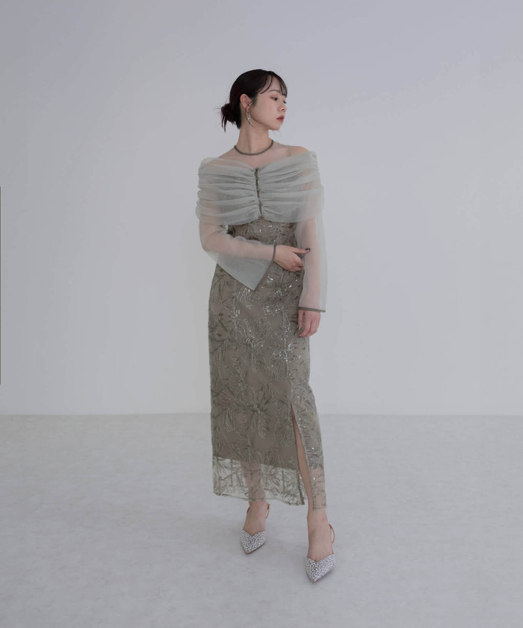 一部当日発送】チュールオフショルダー花柄Iラインドレス