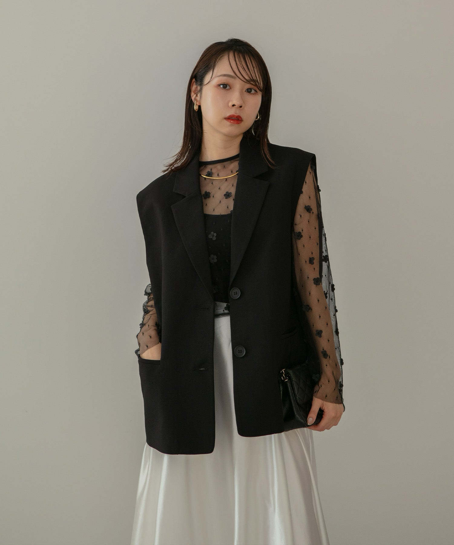 【当日発送】ボリュームチュールスリーブベストセットアップドレス