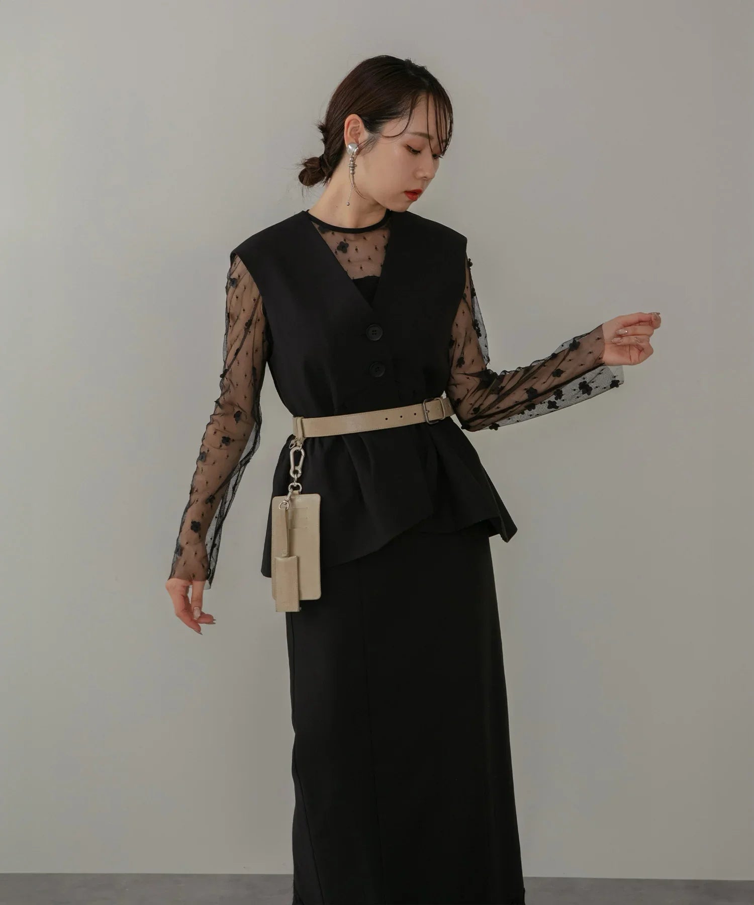 【当日発送】チュールフリルスリーブベストセットワンピースドレス