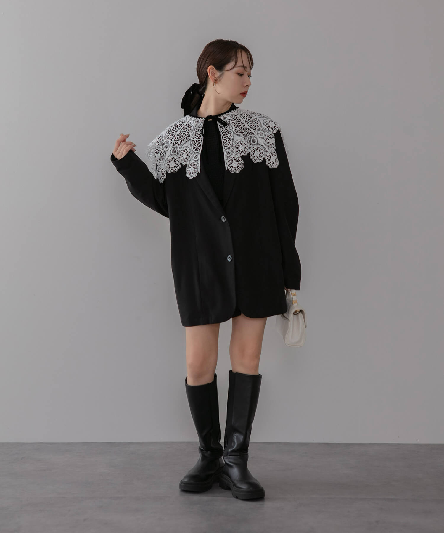 【当日発送】レースカラーベロアIラインワンピースドレス