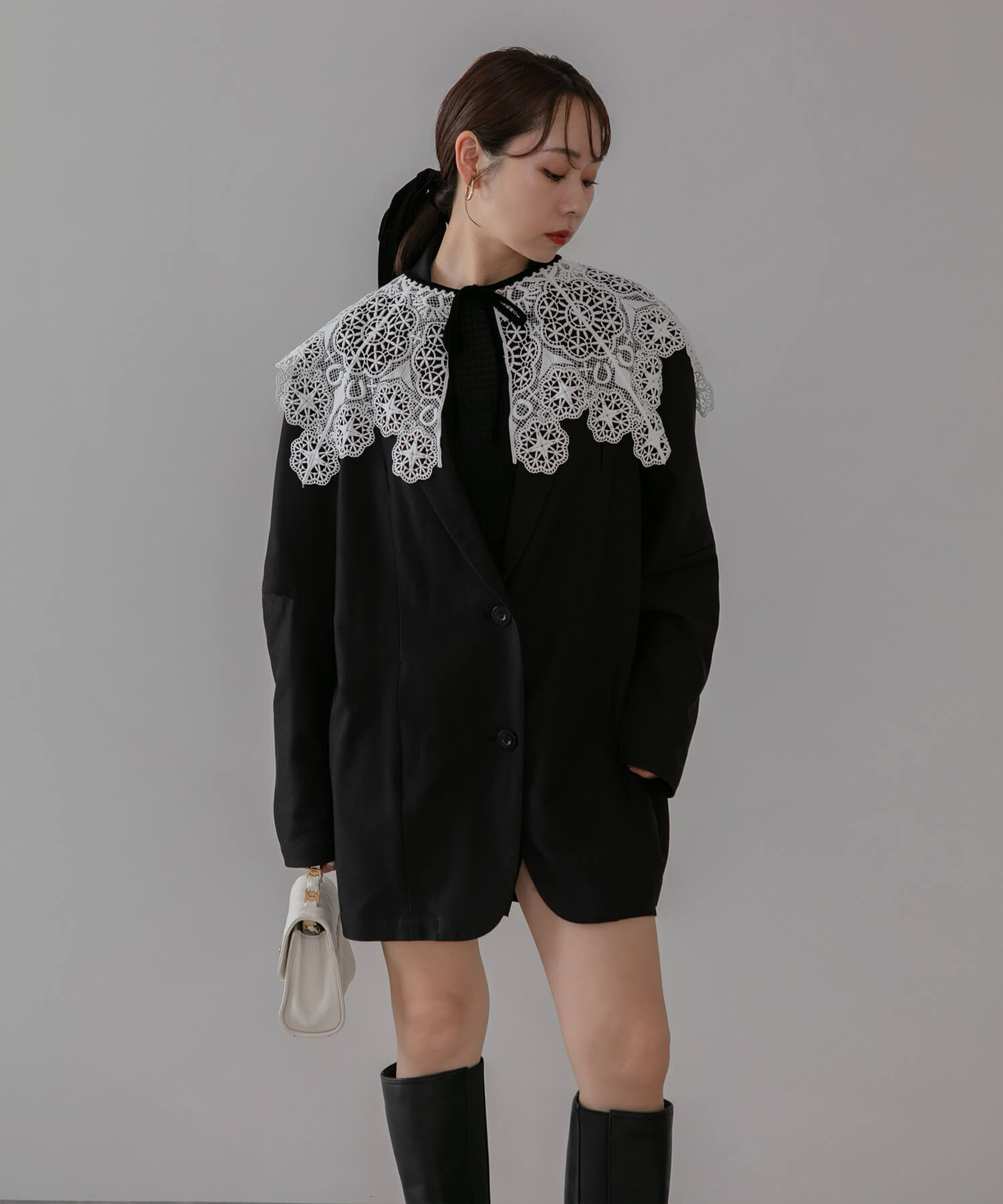 【当日発送】レースカラーベロアIラインワンピースドレス