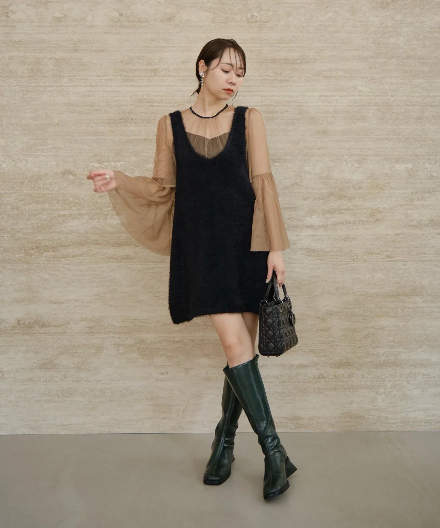 【一部当日発送】シアーチュールベルスリーブペイントIラインワンピースドレス