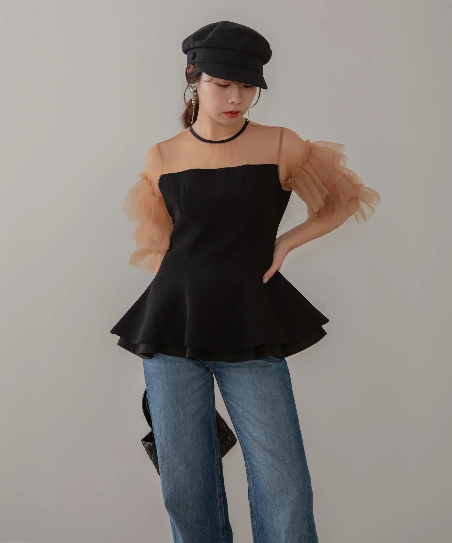 当日発送】チュールスリーブペプラムセットアップパンツドレス