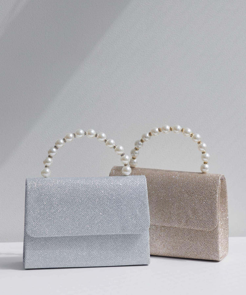 【骨格ストレート3点セット】チュールスリーブスパンコールマーメイドレス+2WAYグリッターバッグ＋パールビジューブレスレット