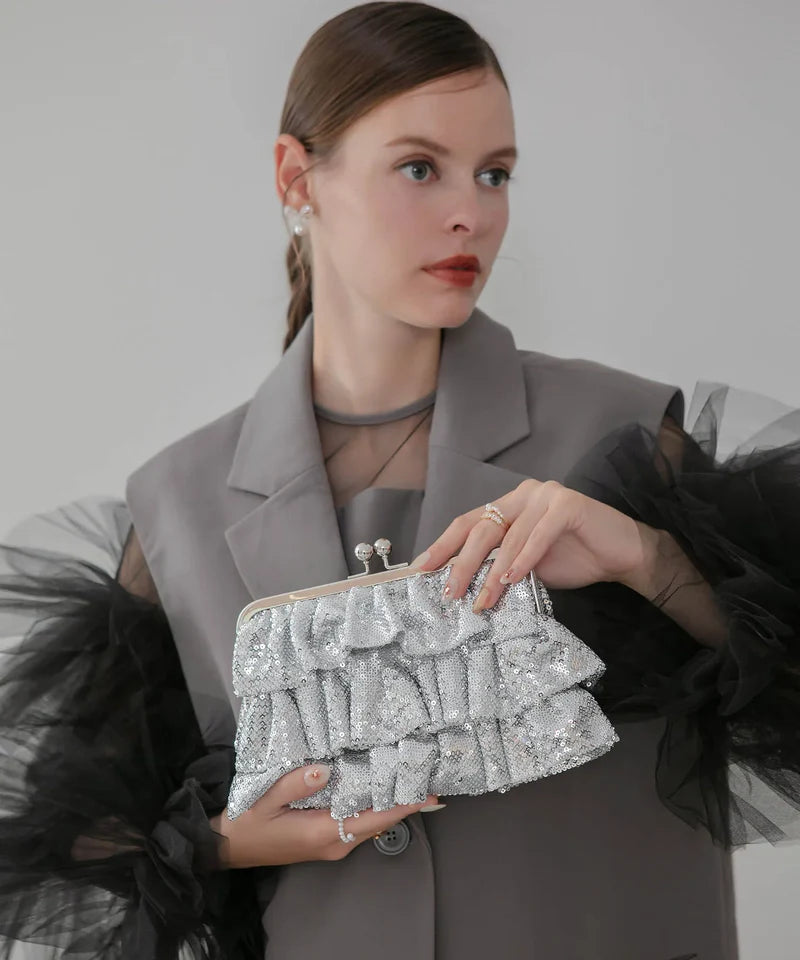 【体型カバー2点セット】ボリュームチュールスリーブベストセットアップドレス+スパンコールフリル2WAYバッグ