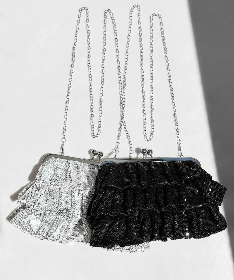 【体型カバー3点セット】ボリュームチュールスリーブベストセットアップドレス+スパンコールフリル2WAYバッグ＋パール二連チェーンネックレス