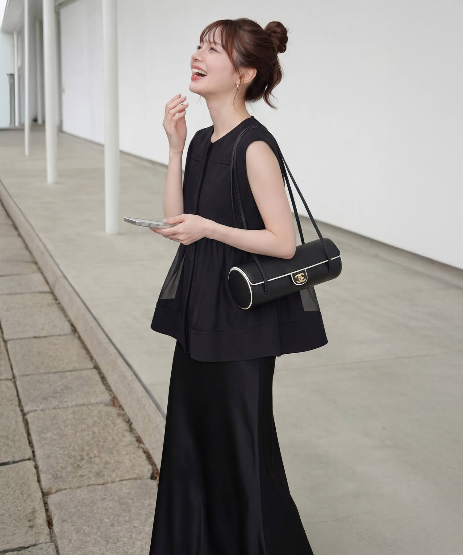 COMING SOON】ノーカラーシアーオーガンジーフレアペプラムトップス