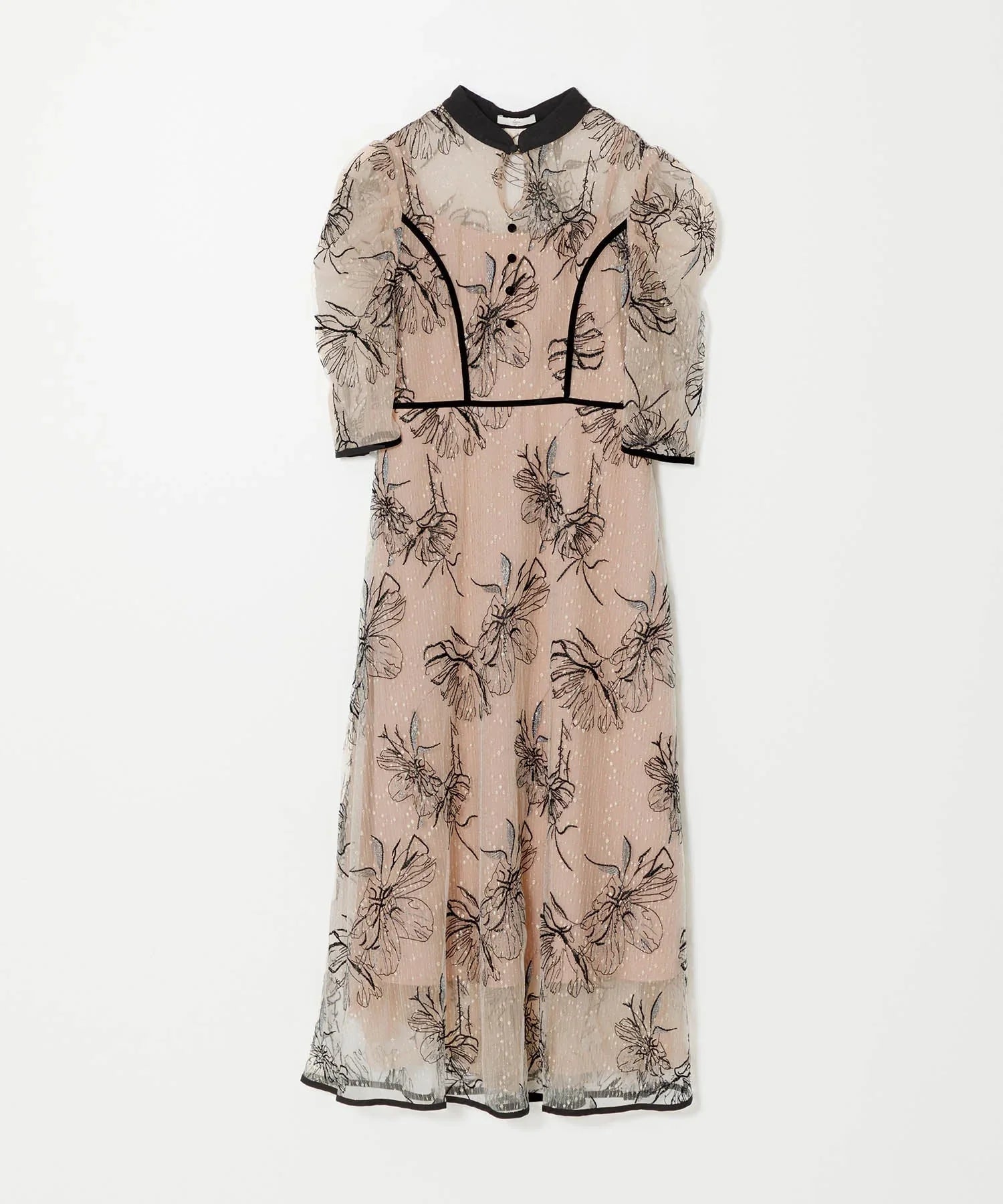 [Same-day shipping] Piping high-neck floral pattern glitter lace dress