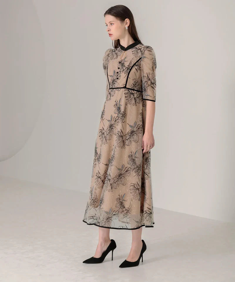 【体型カバー3点セット】パイピング花柄ラメレースドレス+クリスタルベロア3WAYハンドバッグ＋カーブラインドロップパールピアス