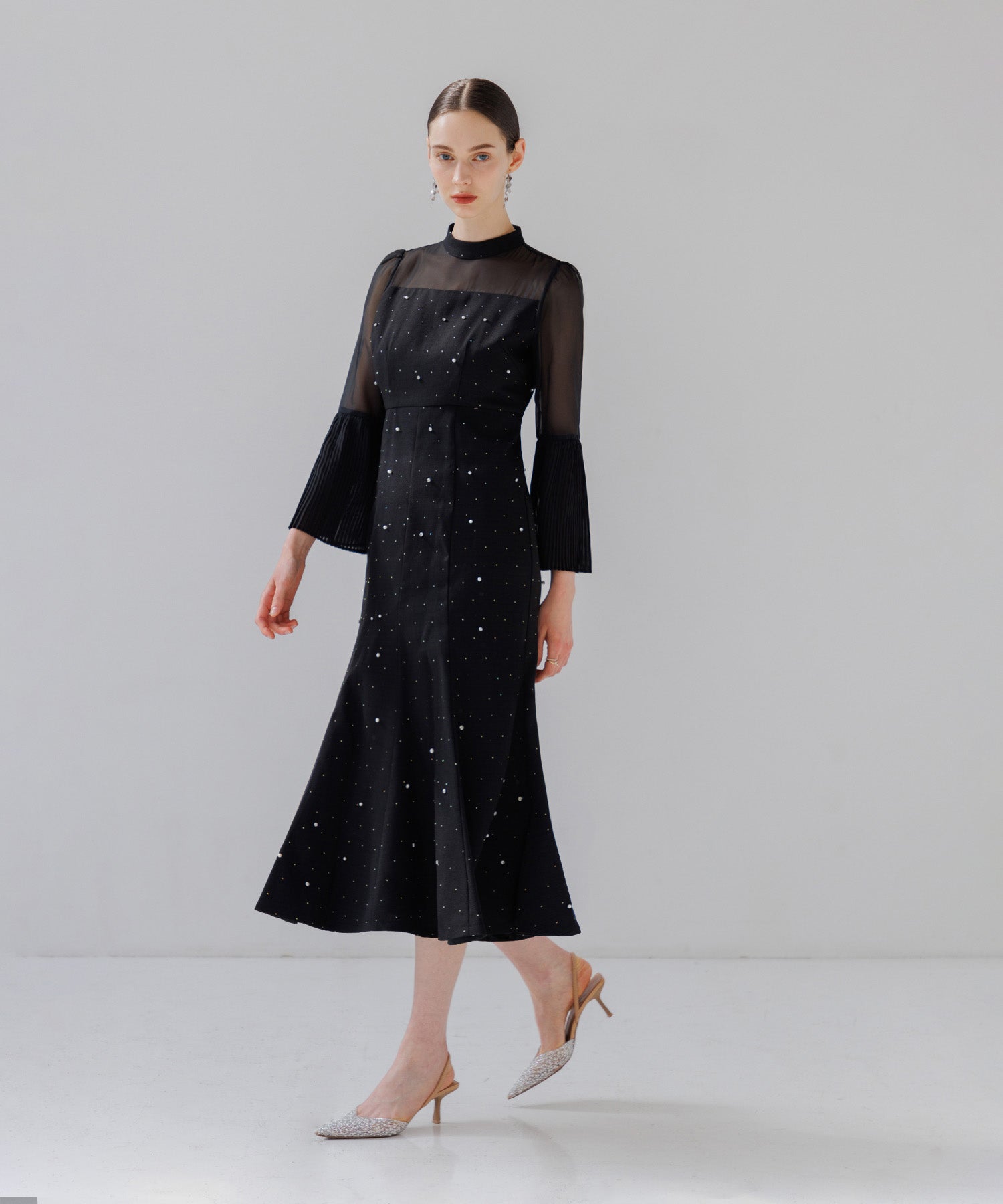 当日発送】パールビジュープリーツフレアスリーブマーメイドワンピース  