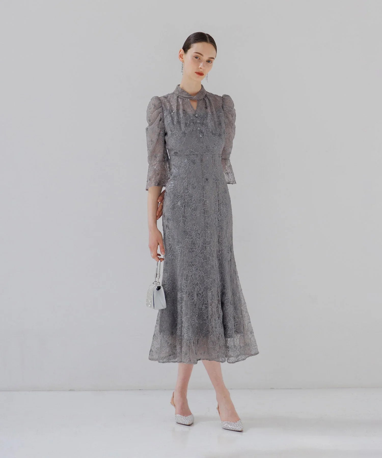 [Some items will be shipped the same day] Sequin floral puff sleeve mermaid dress