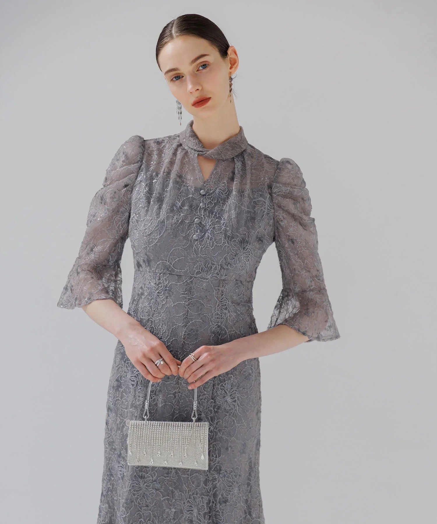 [Some items will be shipped the same day] Sequin floral puff sleeve mermaid dress