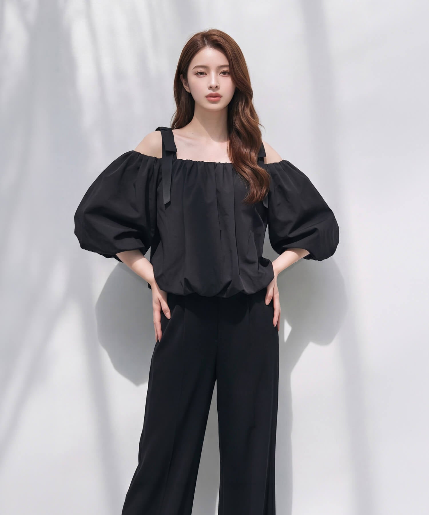 【COMING SOON】2WAYショルダーリボンバルーンオフショルトップス