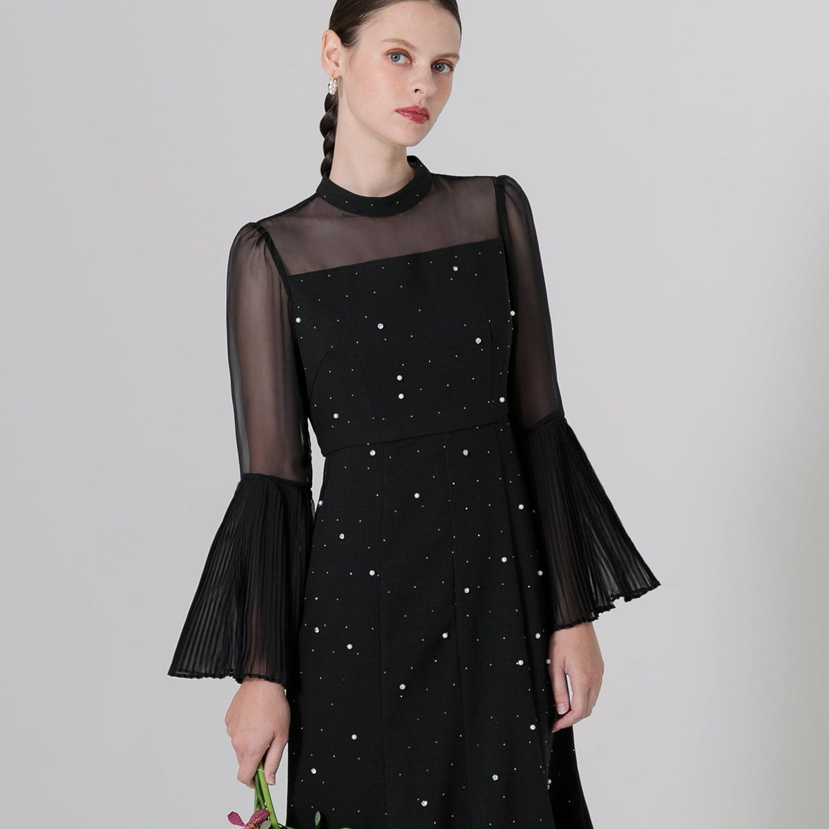 一部当日発送】パールビジュープリーツフレアスリーブマーメイドドレス 