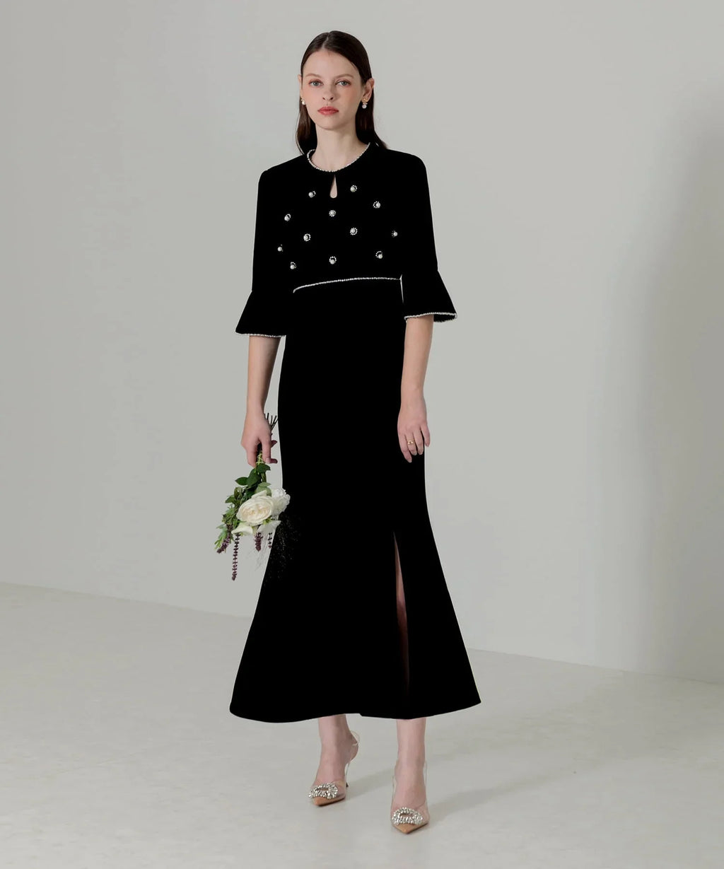 当日発送】ヴィンテージビジューパールボタンベロア風スリット  